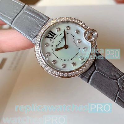 Best Quality Clone Cartier Ballon Blanc de White Dial Diamond Bezel Grey Leather Strap Ladies Watch